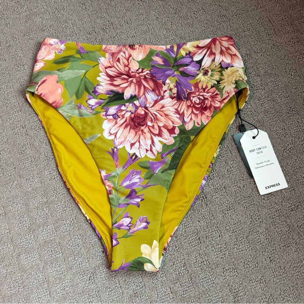 NWT Express Floral High-Waist Women’s Bikini Bottoms - Olive/Yellow, Size Small